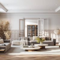 This image showcases a digitally generated, modern living room, offering a blend of comfort and elegance with its sleek furniture and soft color palette.