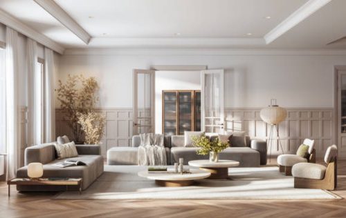 This image showcases a digitally generated, modern living room, offering a blend of comfort and elegance with its sleek furniture and soft color palette.